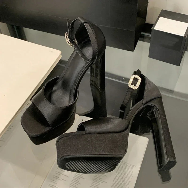 Sandalias de tacón alto negras con plataforma Liyke estilo pasarela para mujer, de seda cómoda, puntera cuadrada, correa con hebilla, zapatos de fiesta de vestir para mujer, talla 40