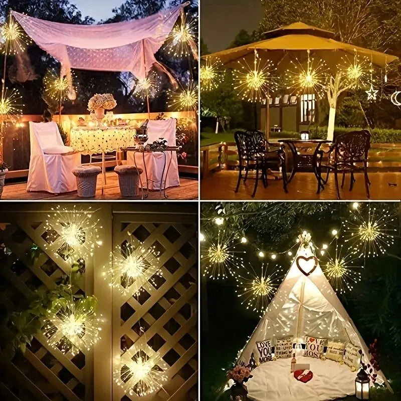 Luz de fuegos artificiales colgante, 8 modos, control remoto, funciona con pilas, guirnalda de luces, luces decorativas para jardín, patio, vacaciones, bodas, fiestas.