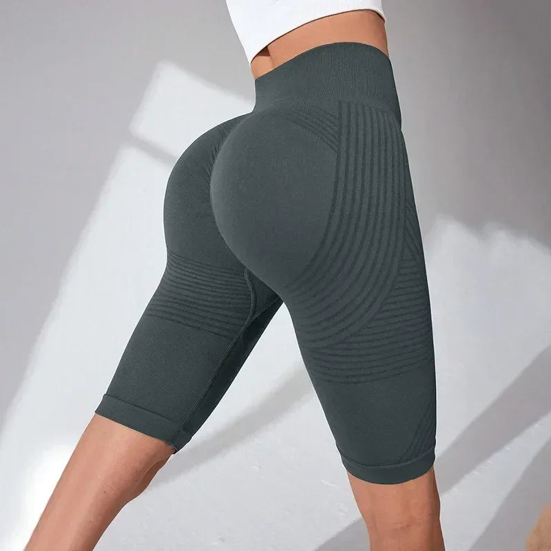 Pantalones cortos de yoga sin costuras para mujer, de cintura alta, a rayas, ajustados, pantalones cortos sexy para levantar glúteos, para gimnasio, de entrenamiento, de alta elasticidad, tipo capri