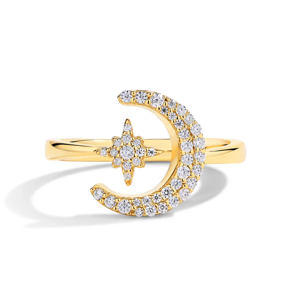 MINTYBOX 0.242CTW Star Moon S925 Sterling Silver Moissanite Rings For Women Lab Diamond Ring 18K Gold Plated Wedding Jewelr Gift