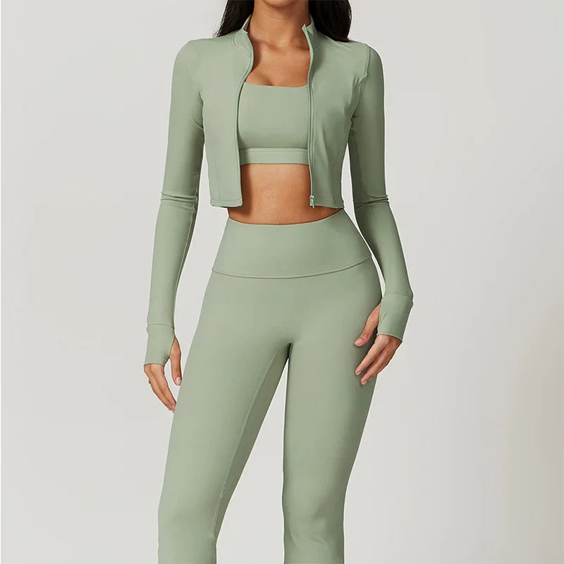 Conjunto de entrenamiento ropa deportiva 3 piezas sujetador deportivo leggings de gimnasio de cintura alta manga larga