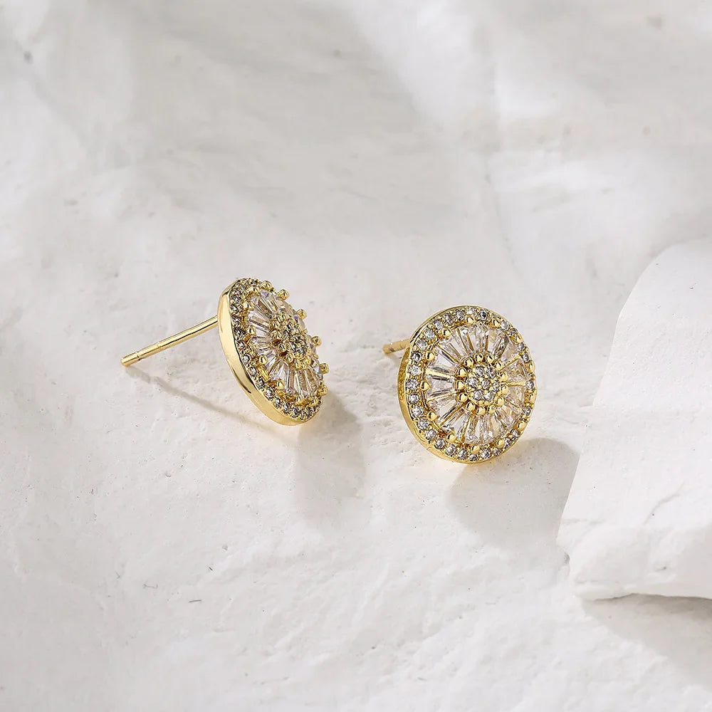 NEWBUY Luxury AAA Cubic Zirconia Pave Setting Copper Jewelry Gold Color Round Stud Earrings For Women Girl