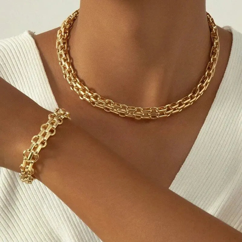 Juego de 2 piezas, collar y pulsera de cadena de eslabones color dorado, pulsera punk de cadena de eslabones grandes, conjunto de joyas para fiesta en Dubái, África, regalo para mujer