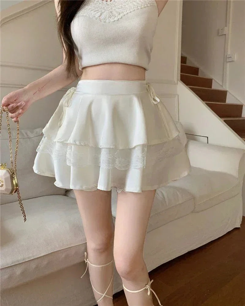 Minifalda Y2K Dulce Lisa para Mujer Verano Cintura Alta Encaje Patchwork Fiesta Elegante Moda Volantes Falda Femenina