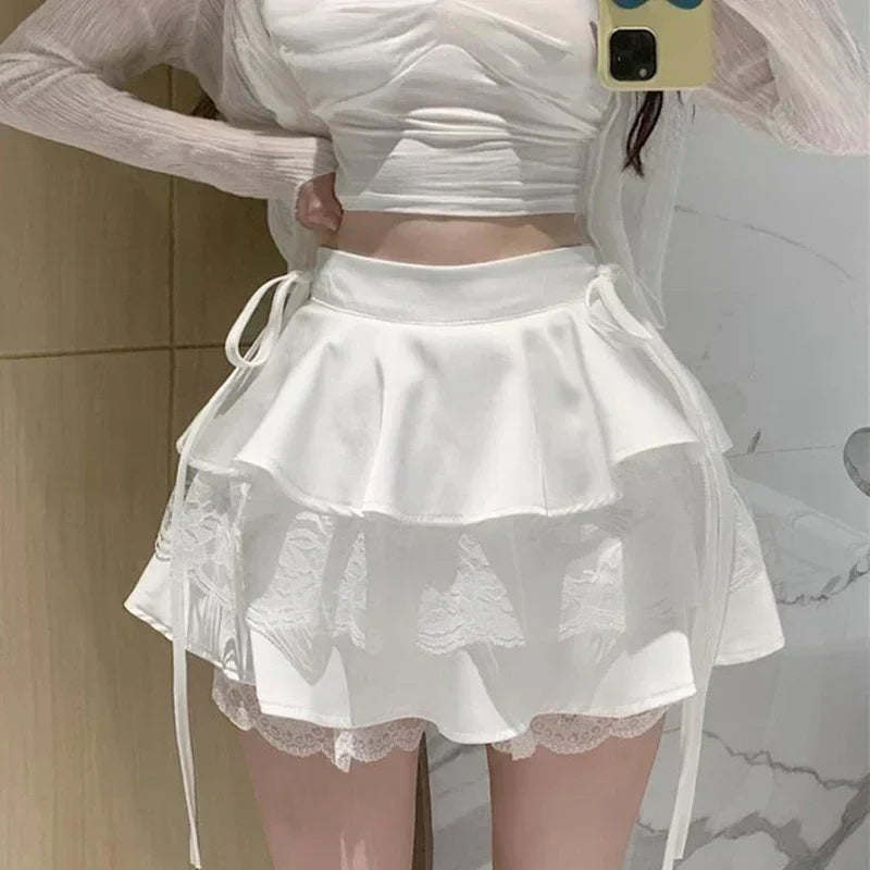 Minifalda Y2K Dulce Lisa para Mujer Verano Cintura Alta Encaje Patchwork Fiesta Elegante Moda Volantes Falda Femenina
