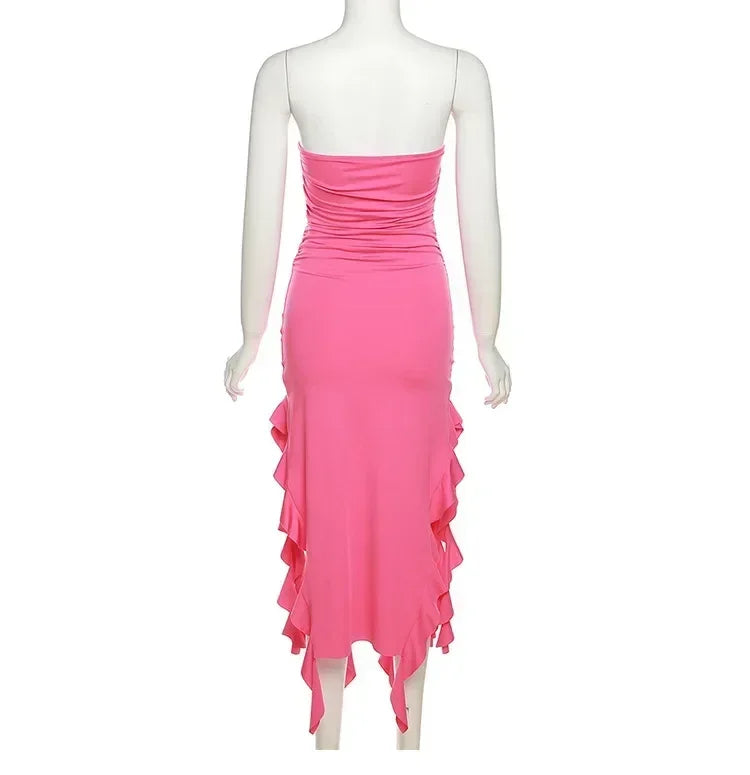 Vestido midi sin tirantes sexy con volantes irregulares criptográficos para mujer, elegante vestido de cumpleaños, vestido de verano fruncido