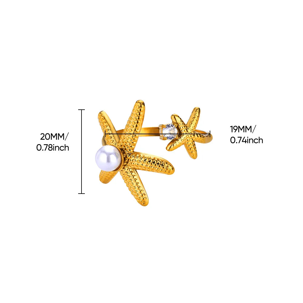 2025 Anillos de agua dulce de acero inoxidable con perlas, estrellas de mar y conchas para mujer, anillos punk, color dorado, vintage, impermeables, joyería de playa