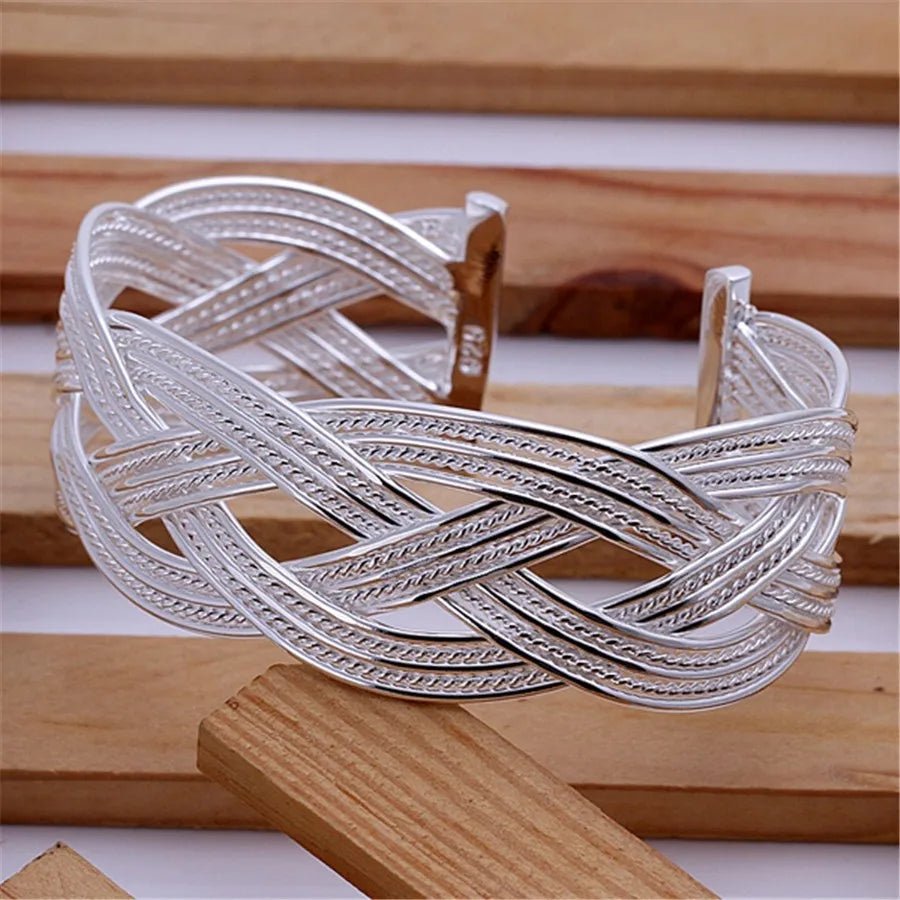 Wholesale Fine 925 Sterling Silver Bangles Bracelet Charms Heart Open for Women Lady Jewelry Adjustment Cuff Wedding Gift
