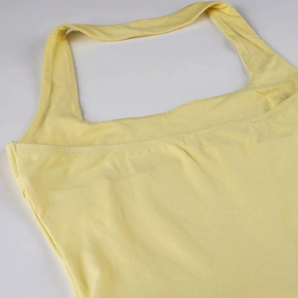 Tornova - Minivestido halter de vacaciones para mujer, sólido, cintura alta, vestido abullonado, empalme con volantes, moda sexy, vestido delgado, nueva colección de verano 2025