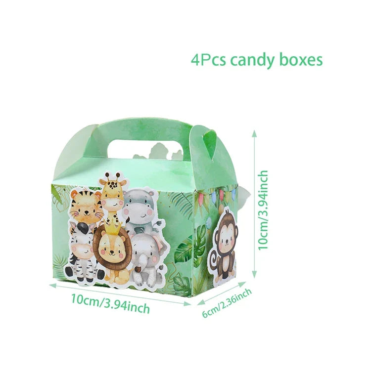 4 unidades cajas de dulces de animales de la selva DIY, decoración de fiesta de cumpleaños Safari, caja de embalaje de regalo para niños, suministros para baby shower de "Wild One"