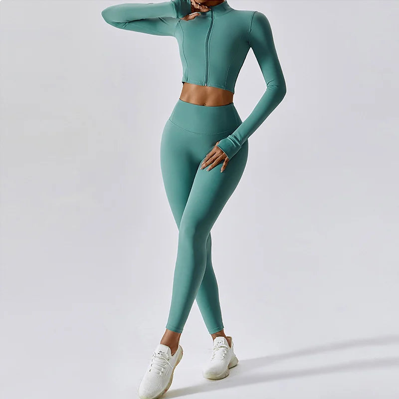 Conjunto de entrenamiento ropa deportiva 3 piezas sujetador deportivo leggings de gimnasio de cintura alta manga larga
