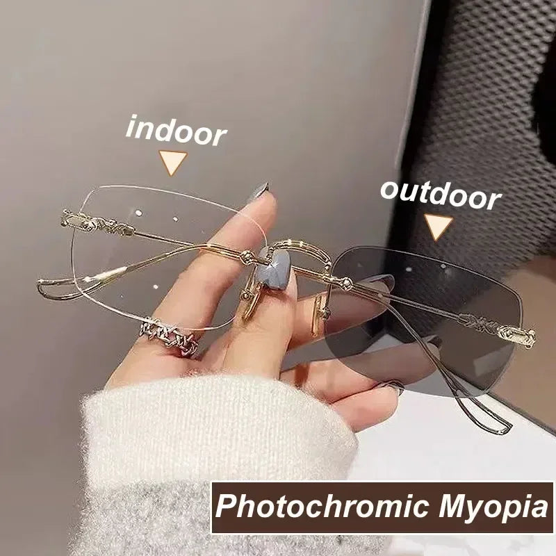 Gafas de miopía fotocromáticas de nueva moda, sin montura, cuadradas, vintage, para mujer y hombre, gafas de sol con protección UV antiluz azul, dioptrías ópticas