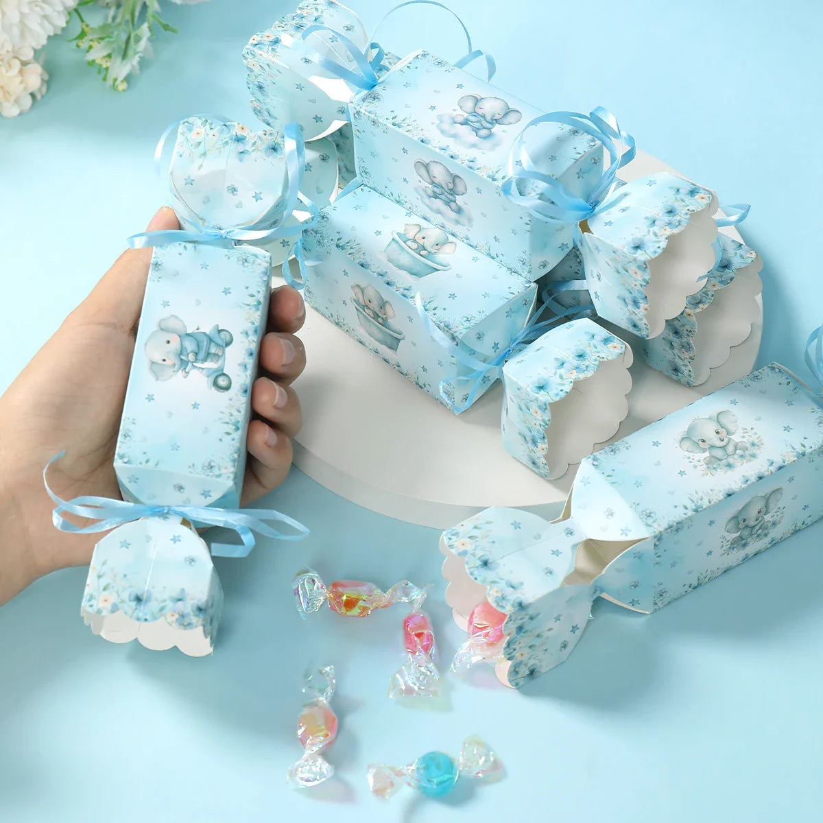 Caja de dulces de elefante bebé, caja de regalo, caja de souvenirs, decoración de fiesta de cumpleaños, suministros para fiesta de cumpleaños de niños y niñas, decoración para baby shower