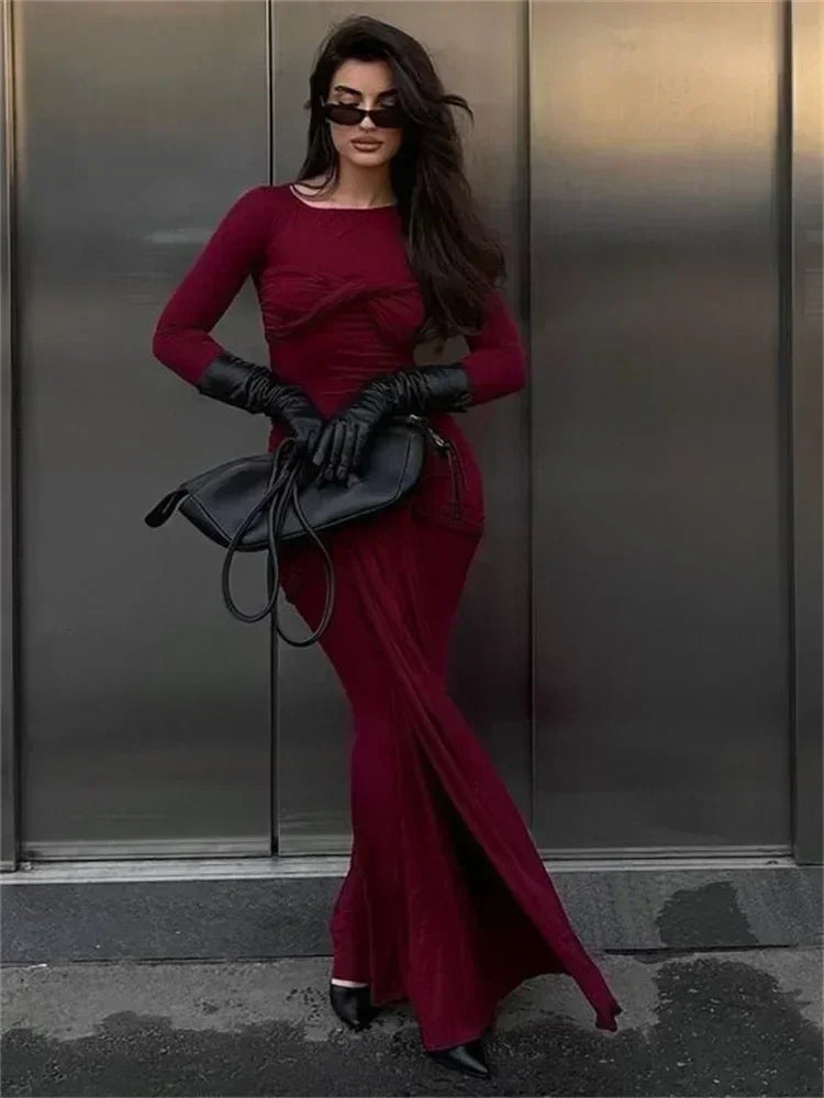 Vestido Maxi Plisado Sexy para Mujer Tossy, Vestido Ajustado de Manga Larga con Parches y Nudos, Estilo Y2k Otoño, Ropa Urbana para Mujer