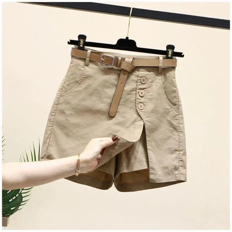 Pantalones cortos casuales de algodón para mujer, ropa de verano, nuevos pantalones versátiles de moda finos con forma de A, pantalones cortos de cintura elástica con falda para mujer