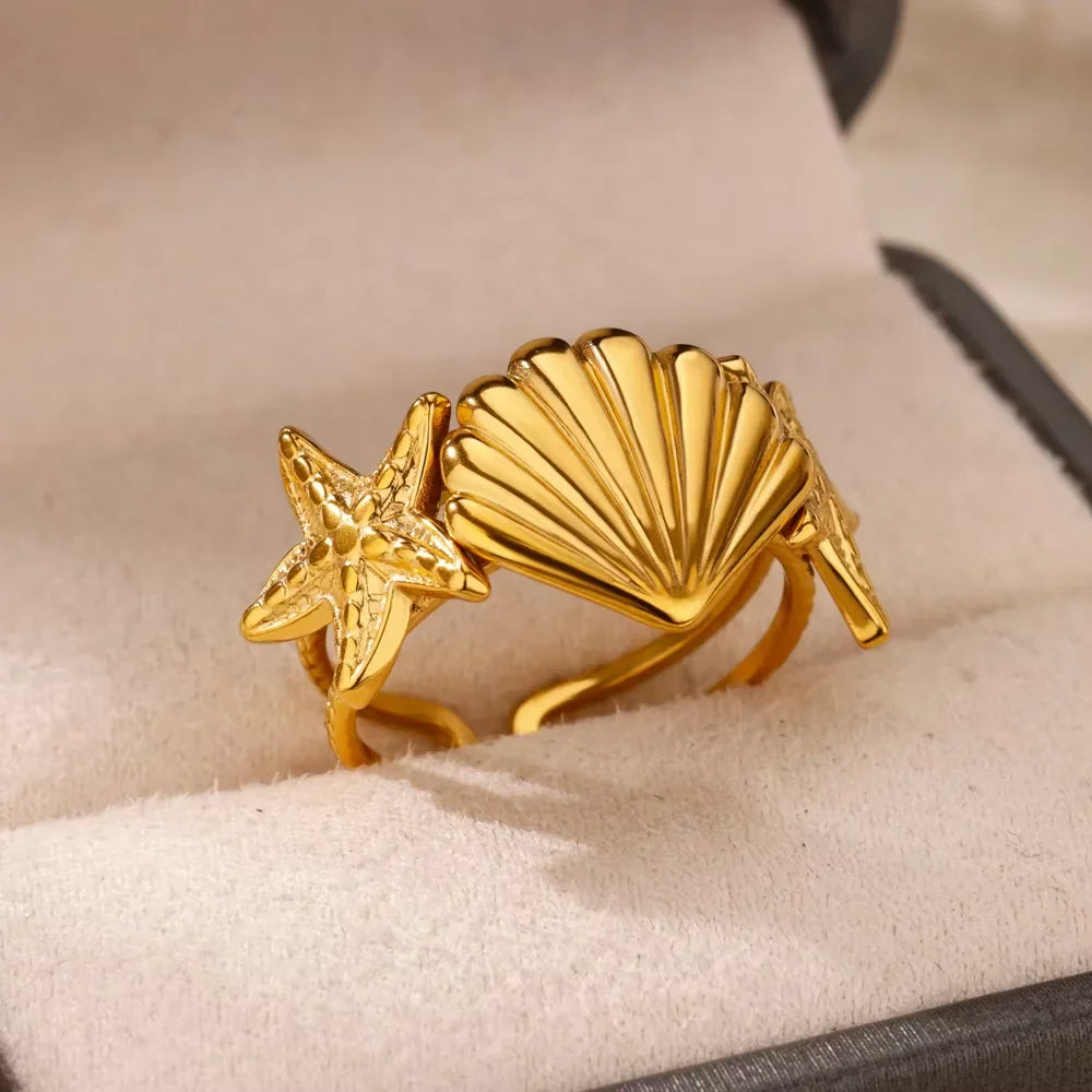 2025 Anillos de agua dulce de acero inoxidable con perlas, estrellas de mar y conchas para mujer, anillos punk, color dorado, vintage, impermeables, joyería de playa