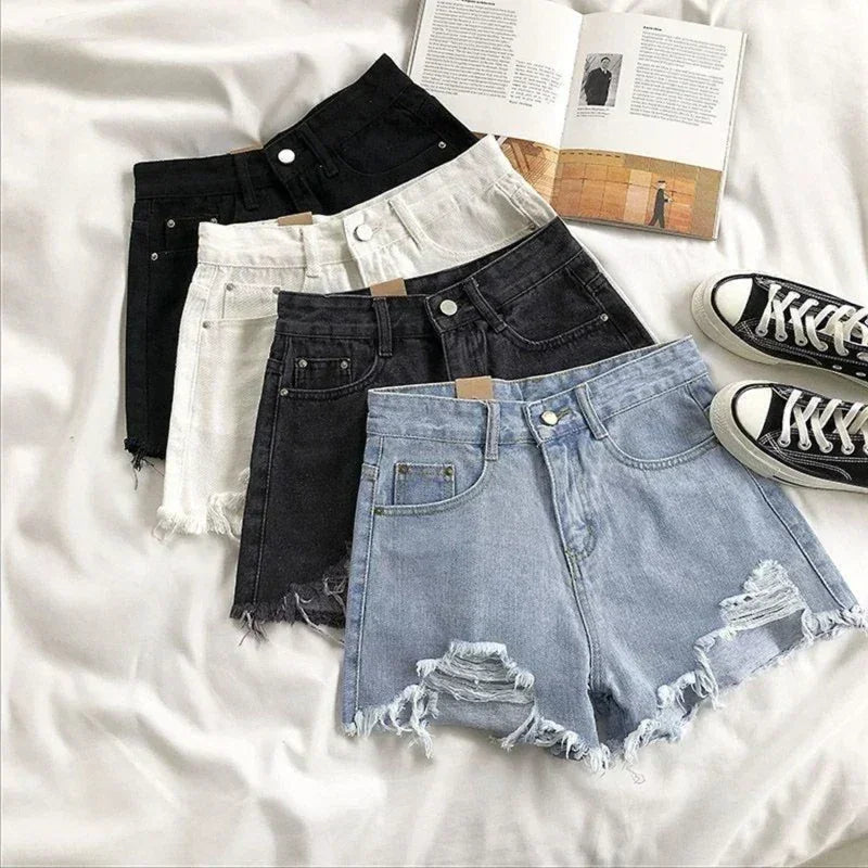 Pantalones cortos de mezclilla coreanos con agujeros para mujer, shorts de mezclilla de cintura alta y pierna ancha, ropa de calle informal de diseñador para mujer 2024 Novedad