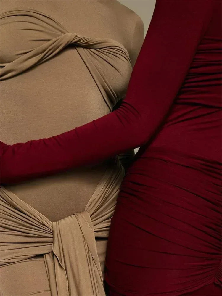 Vestido Maxi Plisado Sexy para Mujer Tossy, Vestido Ajustado de Manga Larga con Parches y Nudos, Estilo Y2k Otoño, Ropa Urbana para Mujer