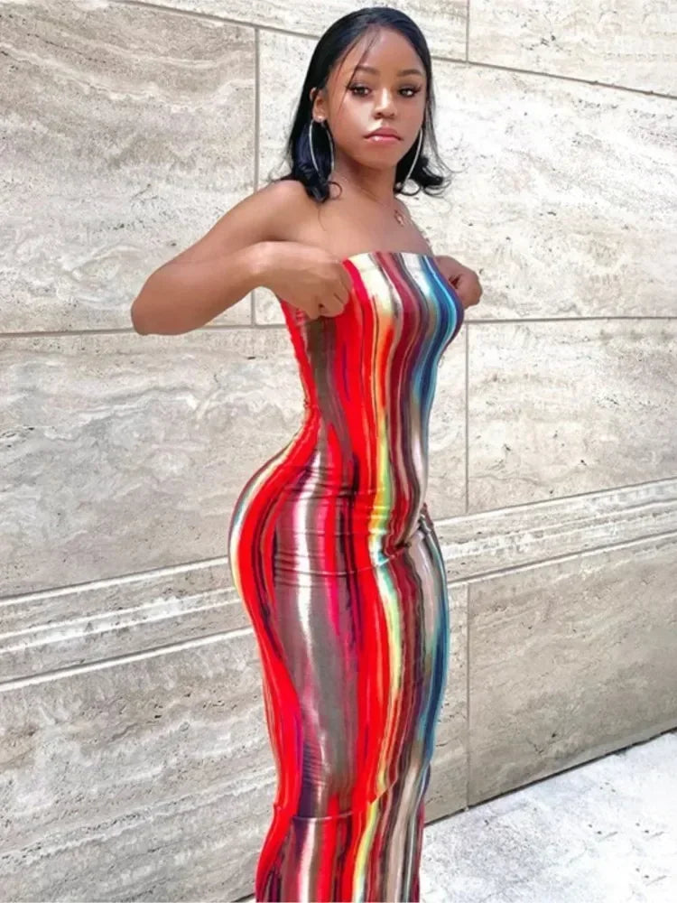 Vestidos de primavera y verano para mujer, con estampado de pecho, sin hombros, vendaje, ajustado, sexy, vestido largo, nueva moda 2023, fiesta, MsChuh