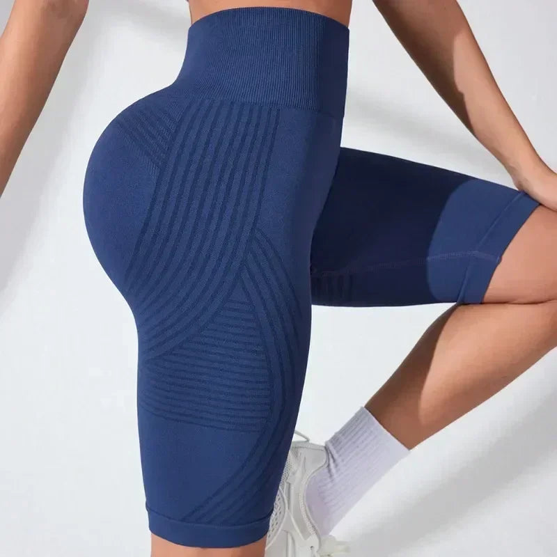 Pantalones cortos de yoga sin costuras para mujer, de cintura alta, a rayas, ajustados, pantalones cortos sexy para levantar glúteos, para gimnasio, de entrenamiento, de alta elasticidad, tipo capri