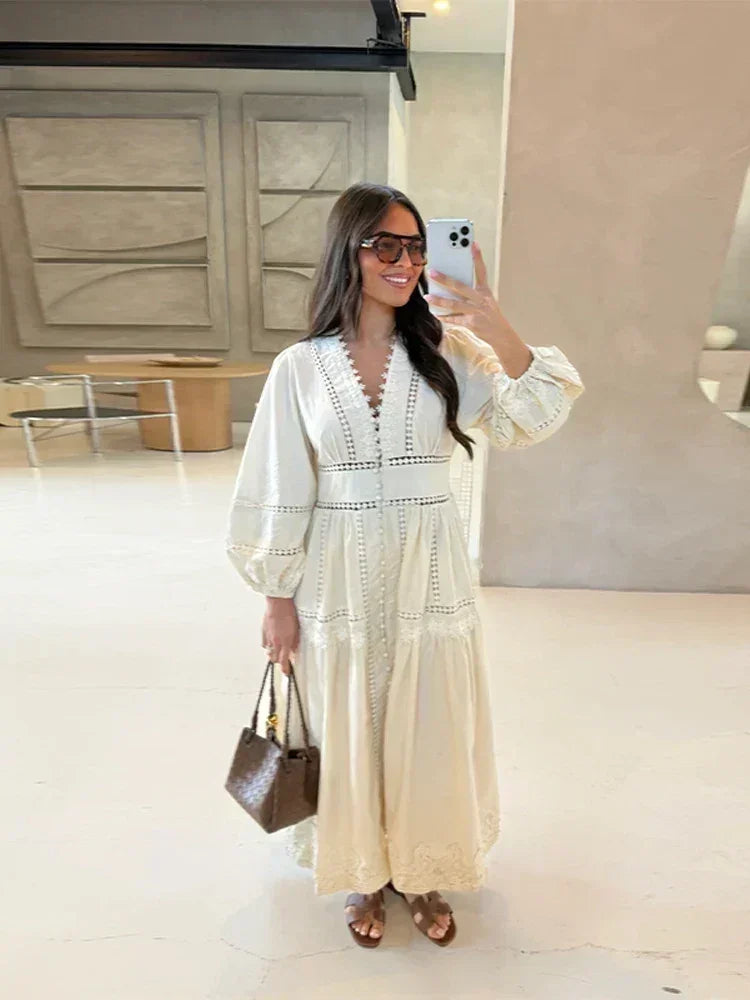 Elegante vestido de encaje calado, patchwork, para mujer, color sólido, cuello en V, manga larga farol, vestidos holgados, vacaciones de primavera 2025, túnicas para dama