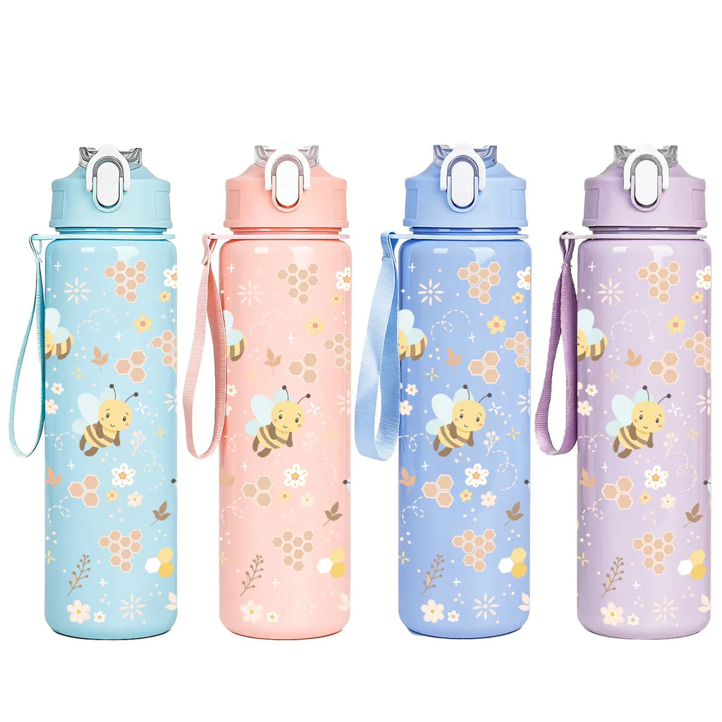 Sweet Honeycomb Bee Pattern Reusable Plastic Water Bottle | Lightweight Leakproof Flip Top Cup for Kids Girls