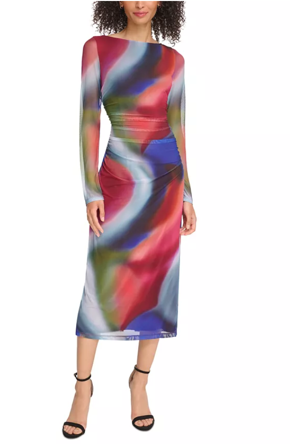 Vince Camuto Vestido Ceñido Fruncido de Malla Estampada para Mujer, Talla 10