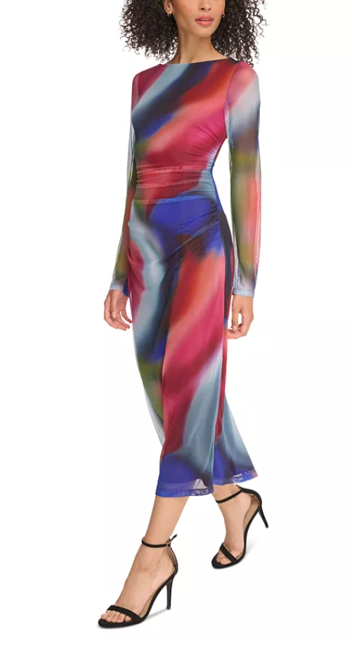 Vince Camuto Vestido Ceñido Fruncido de Malla Estampada para Mujer, Talla 10