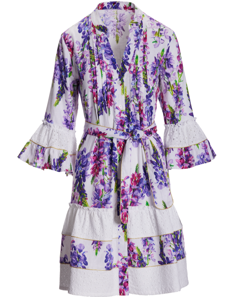 Vestido Boston Proper con estampado Wisteria Wonder y paneles calados en A, con volantes, Talla 8