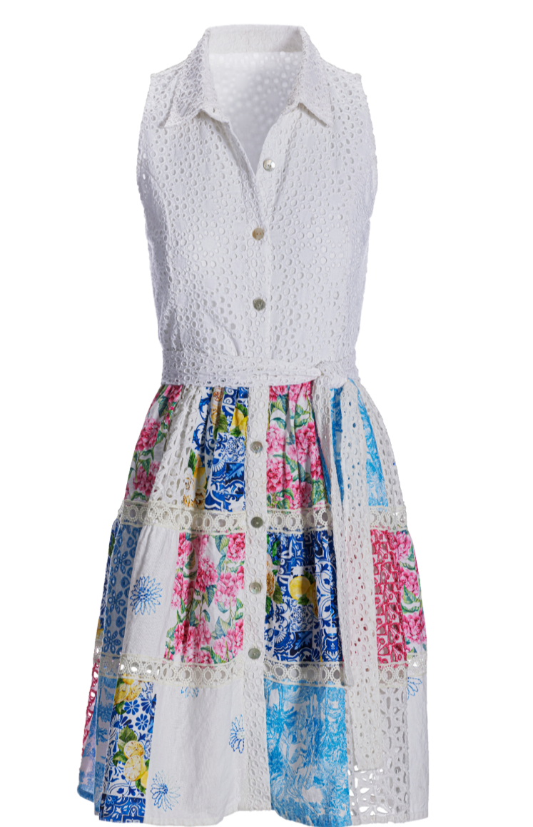 Boston Proper Mixed Media Eyelet Patchwork Print Fit and Flare Dress, Size MD