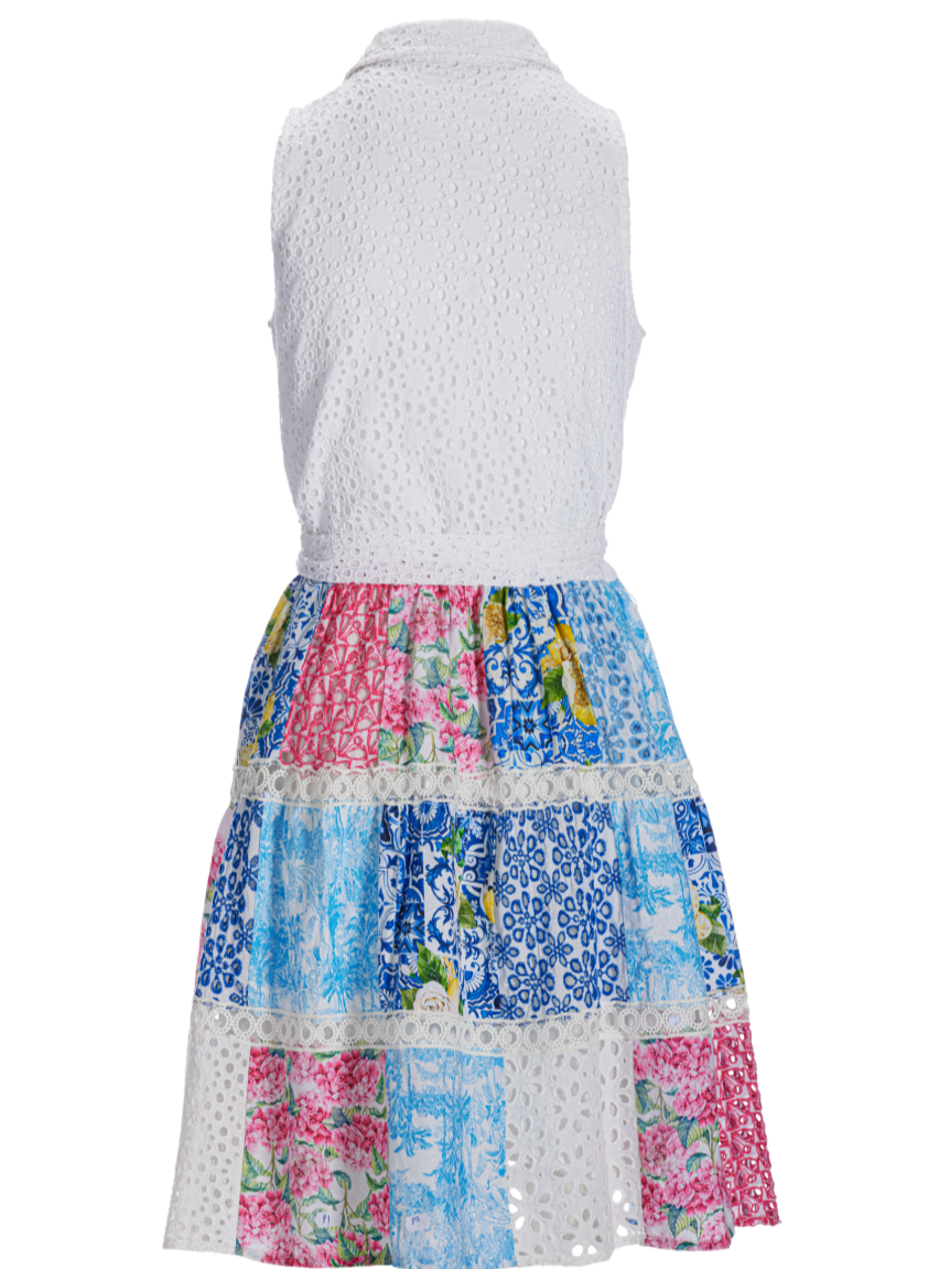 Boston Proper Mixed Media Eyelet Patchwork Print Fit and Flare Dress, Size MD