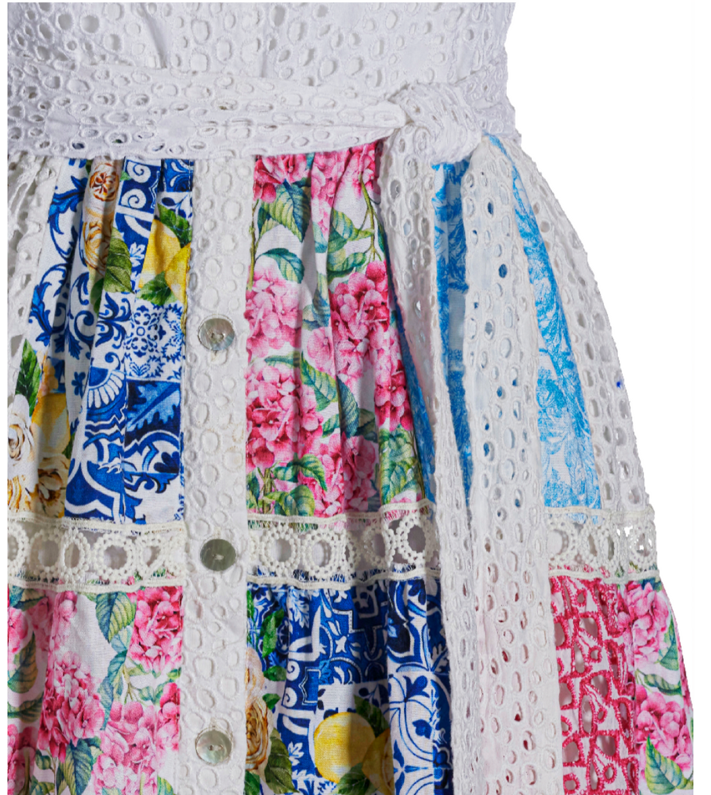 Boston Proper Mixed Media Eyelet Patchwork Print Fit and Flare Dress, Size MD