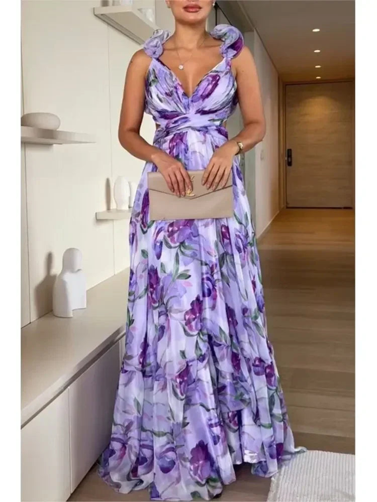 Vestido largo de gasa estampado sexy 2025, moda de verano, elegante, con cuello en V, volantes, ajustado, sin mangas, sin espalda, para fiesta, para vacaciones