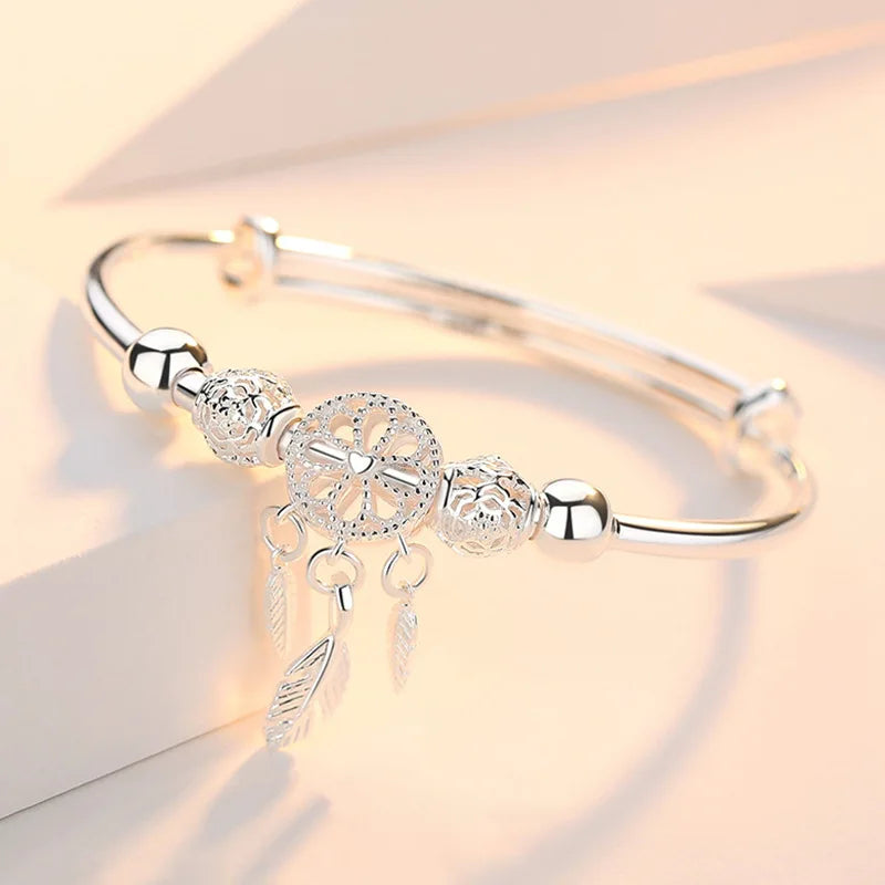 Wholesale Fine 925 Sterling Silver Bangles Bracelet Charms Heart Open for Women Lady Jewelry Adjustment Cuff Wedding Gift