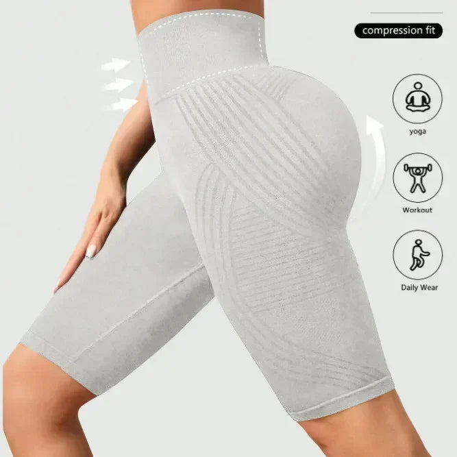 Pantalones cortos de yoga sin costuras para mujer, de cintura alta, a rayas, ajustados, pantalones cortos sexy para levantar glúteos, para gimnasio, de entrenamiento, de alta elasticidad, tipo capri