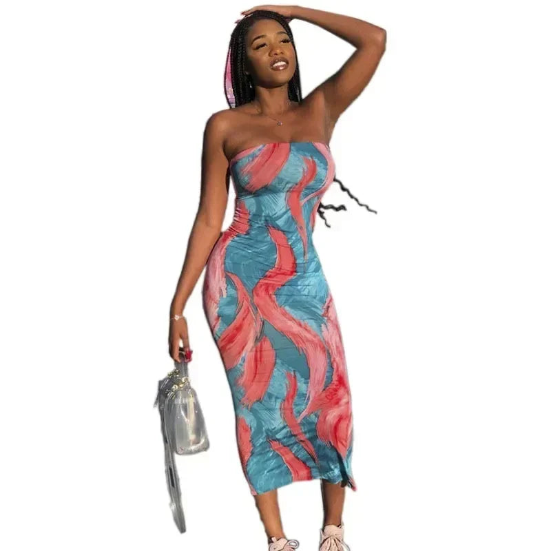 Vestidos de primavera y verano para mujer, con estampado de pecho, sin hombros, vendaje, ajustado, sexy, vestido largo, nueva moda 2023, fiesta, MsChuh