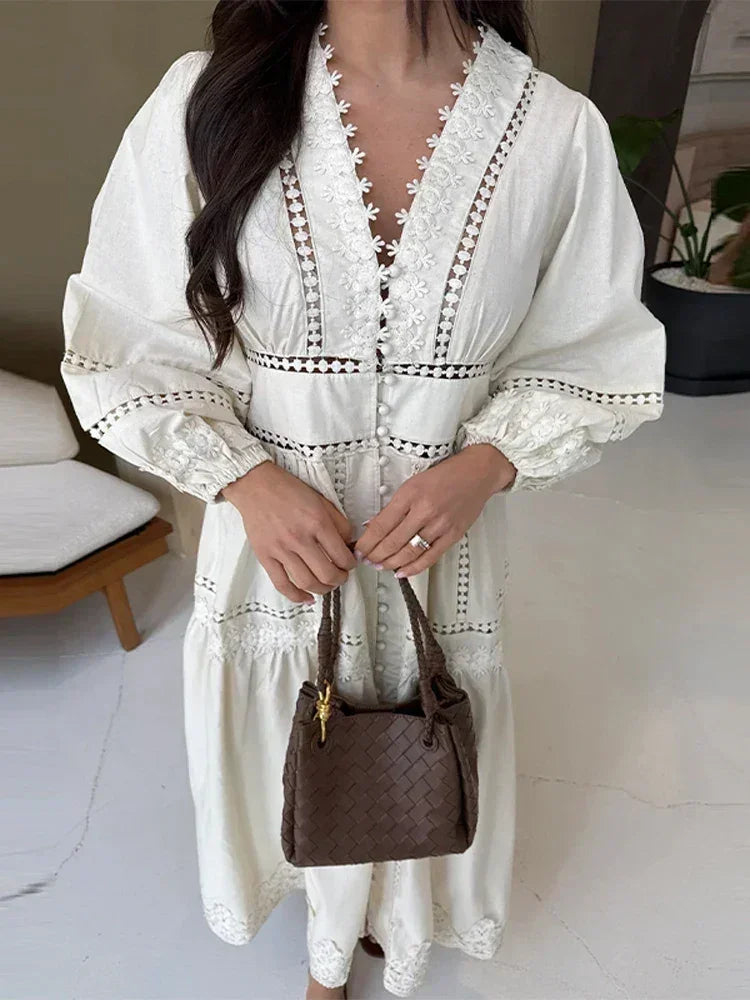 Elegante vestido de encaje calado, patchwork, para mujer, color sólido, cuello en V, manga larga farol, vestidos holgados, vacaciones de primavera 2025, túnicas para dama