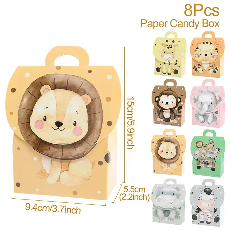 Caja de dulces con animales de la selva, decoración de fiesta de feliz cumpleaños para niños, safari de animales salvajes, decoración de primer cumpleaños para niños, baby shower