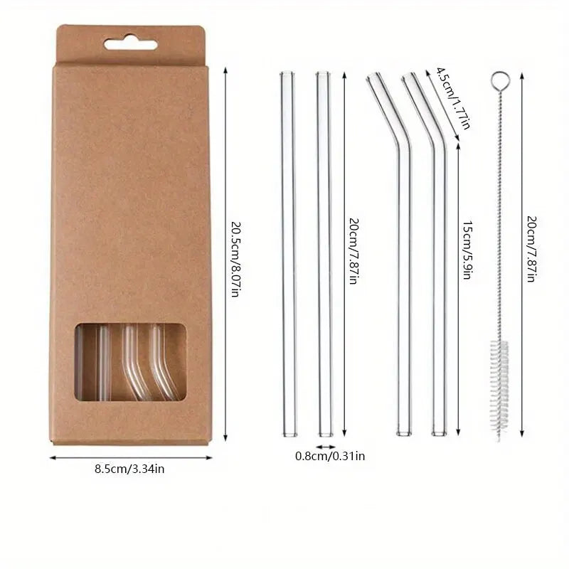Juego de 5 Pajitas de Cristal Resistente al Calor con Cepillo de Limpieza | Pajitas Reutilizables para Batidos, Té y Café
