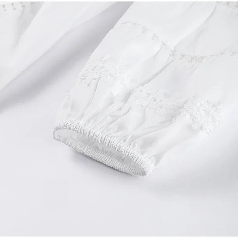 Elegante vestido de encaje calado, patchwork, para mujer, color sólido, cuello en V, manga larga farol, vestidos holgados, vacaciones de primavera 2025, túnicas para dama