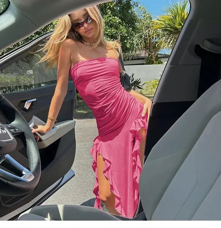 Vestido midi sin tirantes sexy con volantes irregulares criptográficos para mujer, elegante vestido de cumpleaños, vestido de verano fruncido