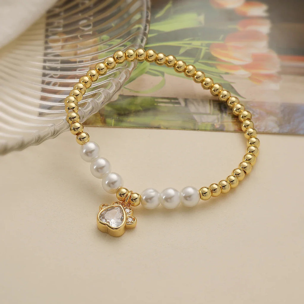 NEWBUY Pulseras de Cuentas con Dije de Pata de Zirconia Cúbica AAA de Cobre de Color Oro Inoxidable para Fiesta para Mujeres