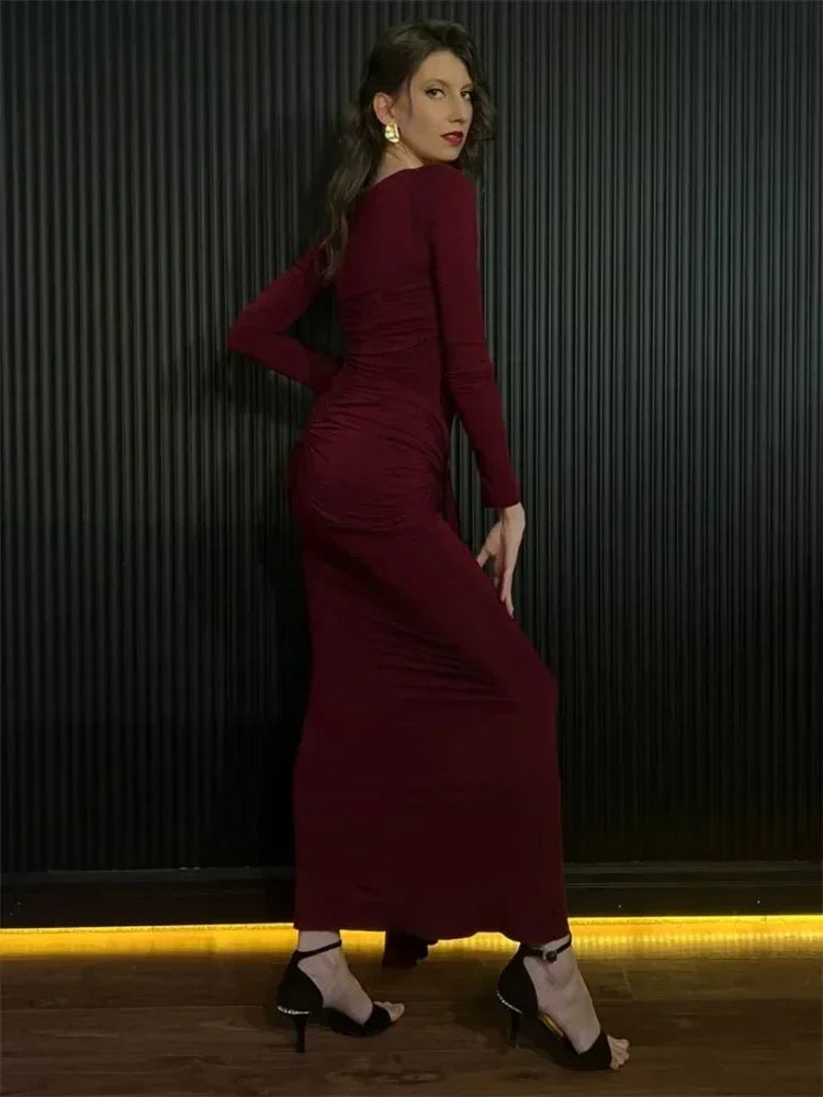 Vestido Maxi Plisado Sexy para Mujer Tossy, Vestido Ajustado de Manga Larga con Parches y Nudos, Estilo Y2k Otoño, Ropa Urbana para Mujer
