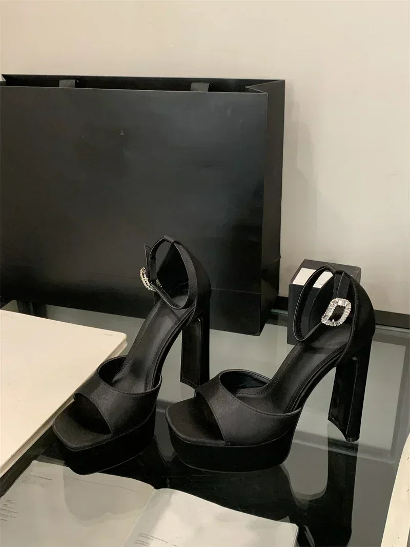 Sandalias de tacón alto negras con plataforma Liyke estilo pasarela para mujer, de seda cómoda, puntera cuadrada, correa con hebilla, zapatos de fiesta de vestir para mujer, talla 40