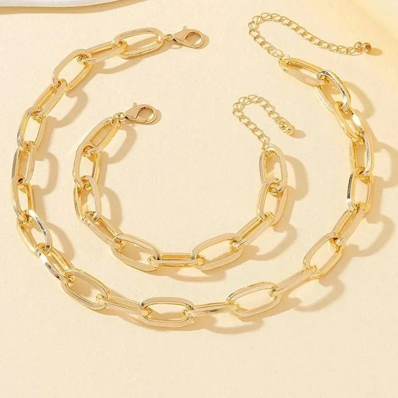 Juego de 2 piezas, collar y pulsera de cadena de eslabones color dorado, pulsera punk de cadena de eslabones grandes, conjunto de joyas para fiesta en Dubái, África, regalo para mujer