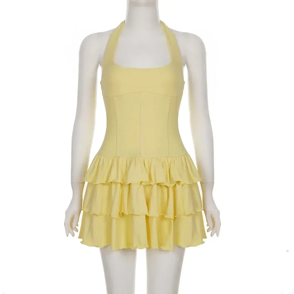 Tornova - Minivestido halter de vacaciones para mujer, sólido, cintura alta, vestido abullonado, empalme con volantes, moda sexy, vestido delgado, nueva colección de verano 2025