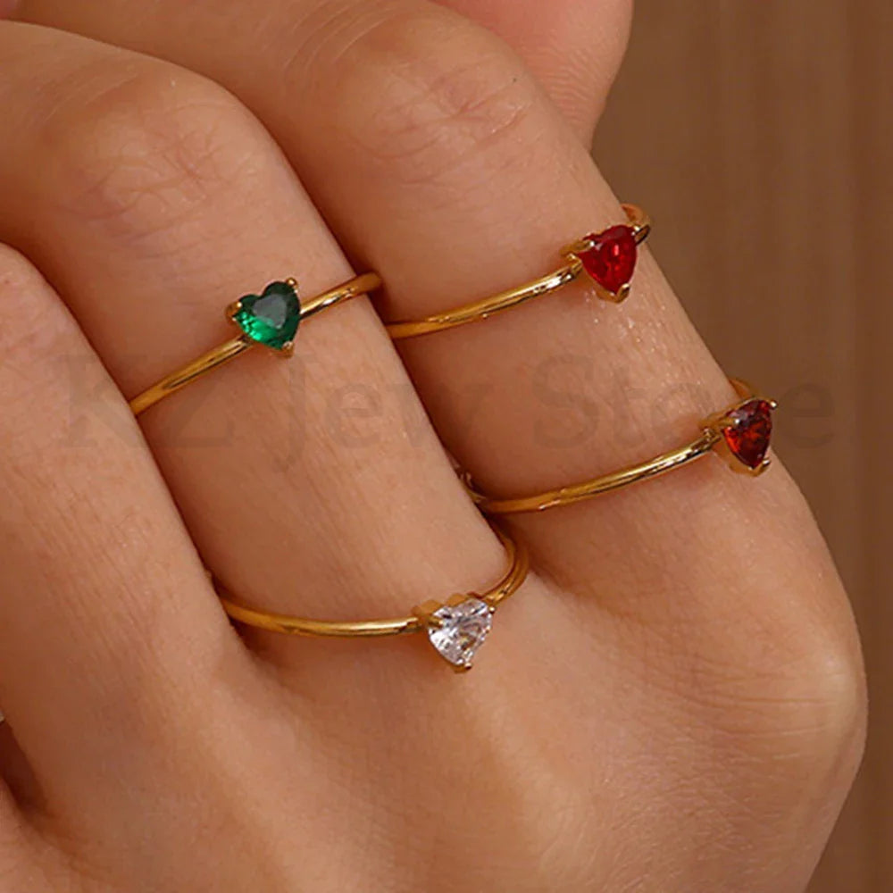 Anillos de corazón con circonita cúbica colorida de 2025 para mujer, joyería de anillo de princesa de acero inoxidable delicado de moda, regalo de boda