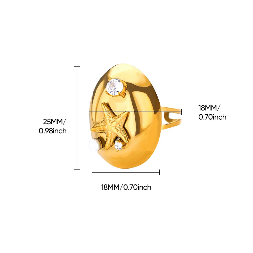 2025 Anillos de agua dulce de acero inoxidable con perlas, estrellas de mar y conchas para mujer, anillos punk, color dorado, vintage, impermeables, joyería de playa