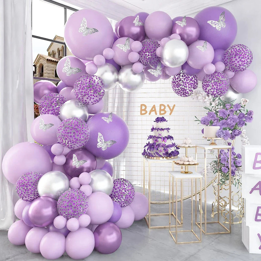Kit de arco de guirnalda de globos de mariposa morada, globos de látex para fiesta de cumpleaños, decoración para niños, adultos, bodas, baby shower