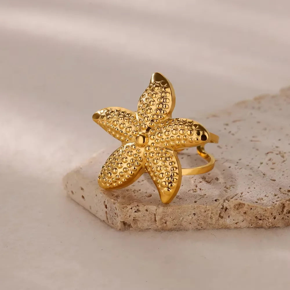 2025 Anillos de agua dulce de acero inoxidable con perlas, estrellas de mar y conchas para mujer, anillos punk, color dorado, vintage, impermeables, joyería de playa